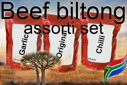 Beef biltong assorti set van Moorcroft: alle 3 de smaken &agrave; 250 gram