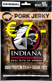 Indiana pork jerky 90 gram zak met waterschade