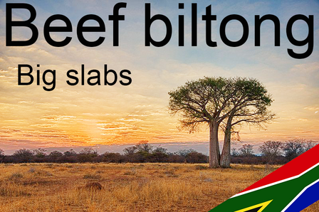 Beef biltong, grote stukken, gemaakt door Zuid-Afrikanen,  &euro; 8,95 per 100 gram
